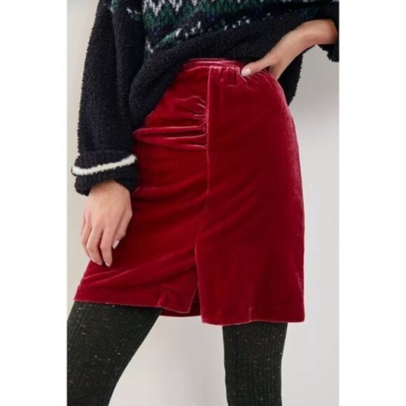 Red Anthropologie Maeve Velvet Midi Skirt (NWT) - Picture 3 of 5